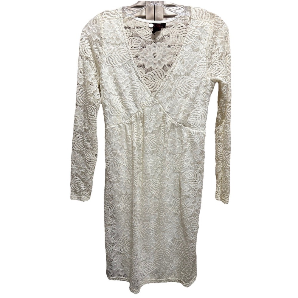 It's Pink Cream Lace Long Sleeve Dress Long Size Small V Neck Lined Babydoll Sty